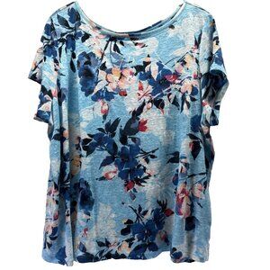 J Jill Love Linen Women's Top Size Large Blue Pink Floral Short Sleeve Pullover